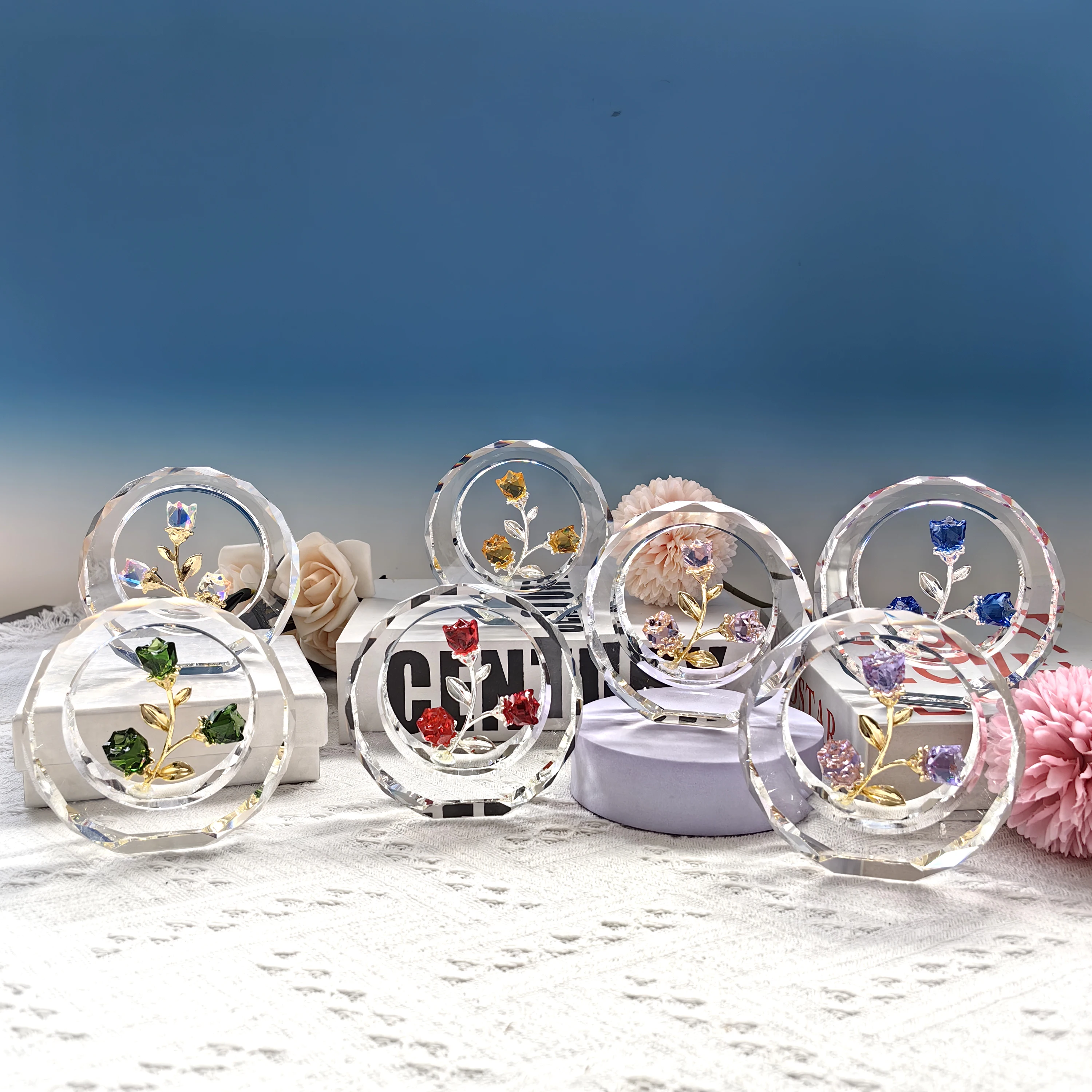 Crystal Tulips Flower Figurines with a Outer Circular Ring Glass Spring Bouquet Collectible Figurines Paperweight Ornaments