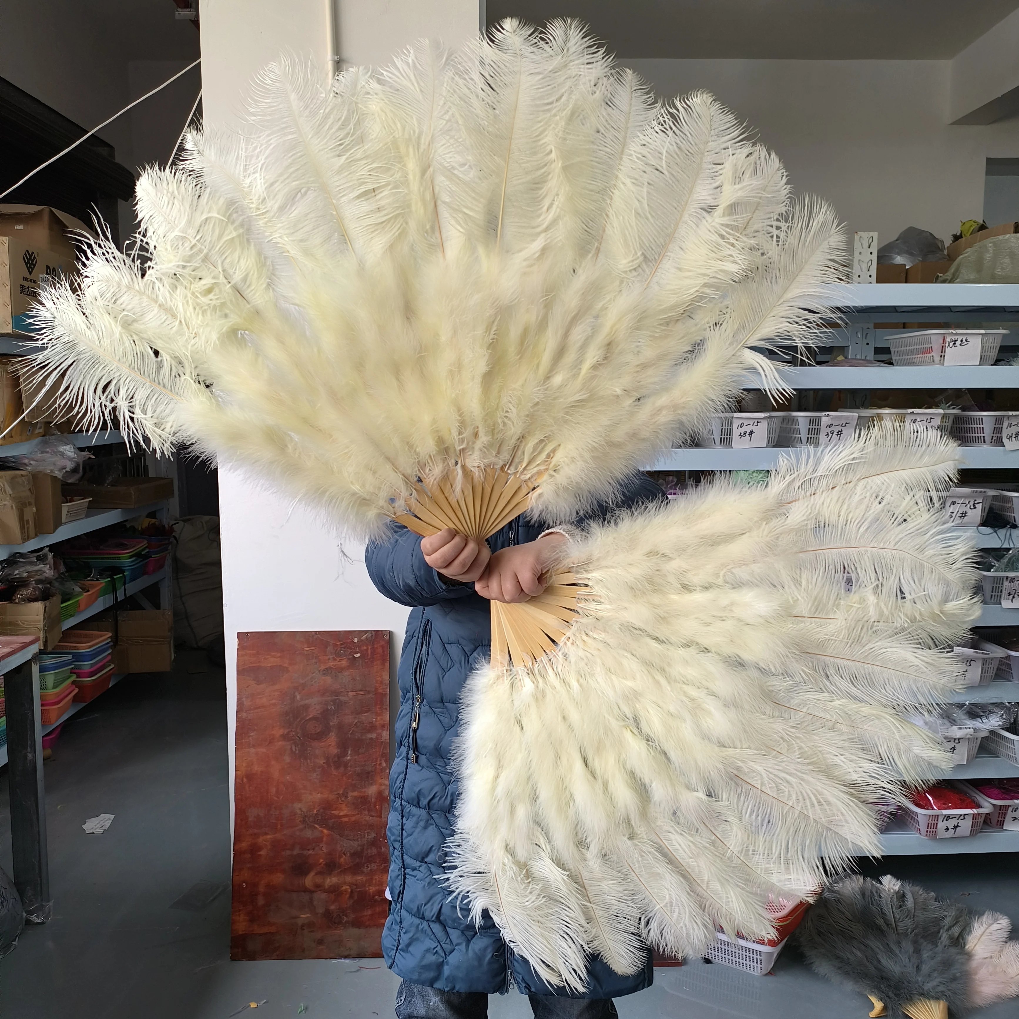 Wholesale 10PC Beige Ostrich Feathers Fans for Carnival Belly Dance Magic Show Stage Decoration Performance Props Customized