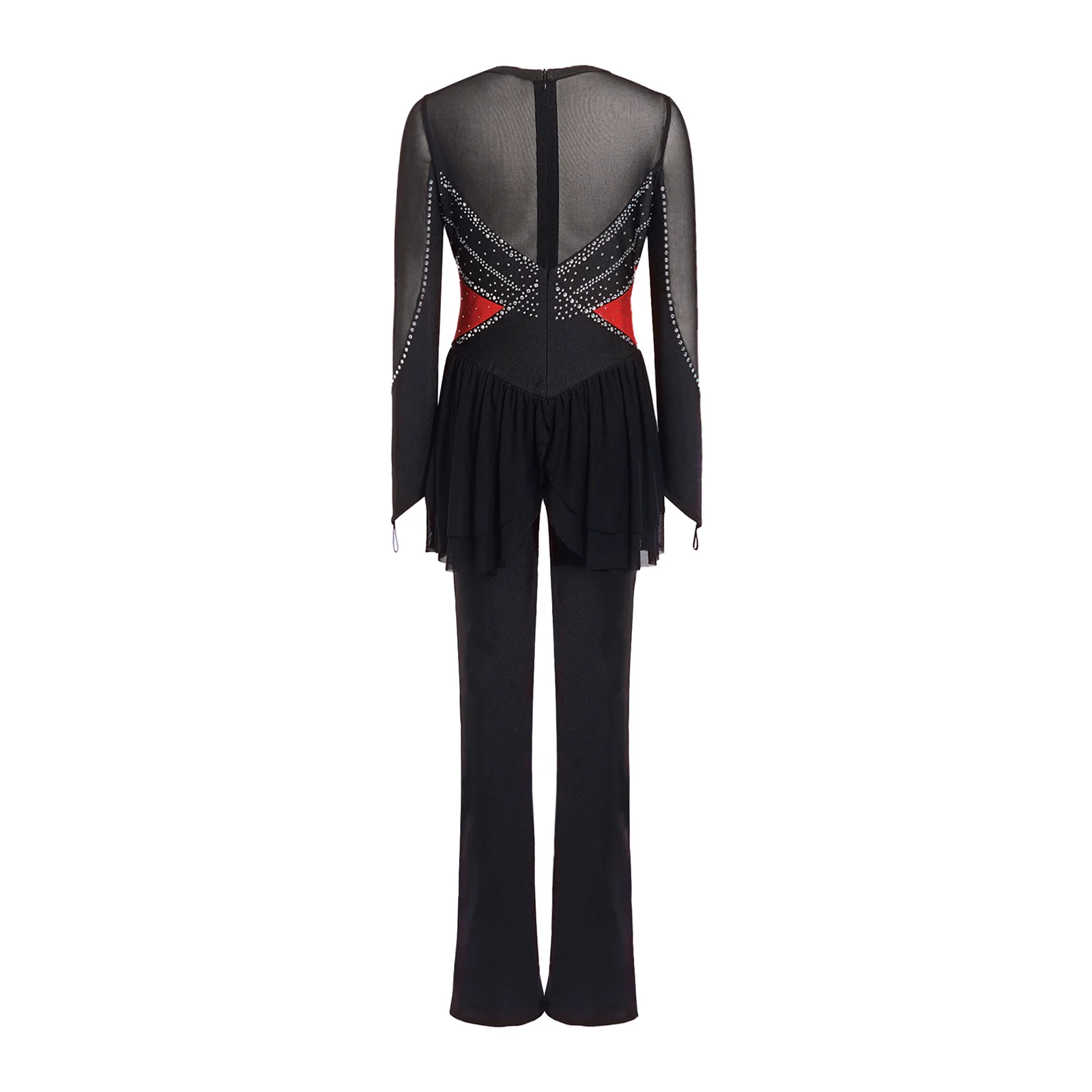 Children's Flares Jumpsuits Kids Girls Rhinestones Lyrical Dance Jumpsuit Ruffles Bell-Bottom Bodysuit Performance Dancewear