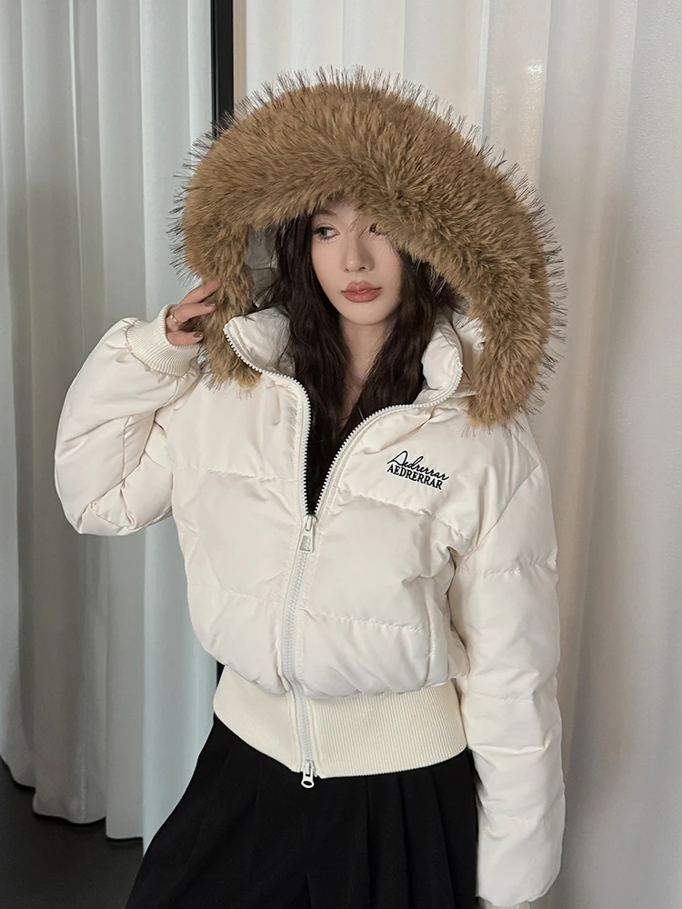 

Winter Short Natural Large Fur Collar Down Jacket Female Thick Warm Jacket Women White Duck Down Detachable Hood Parker Outwears
