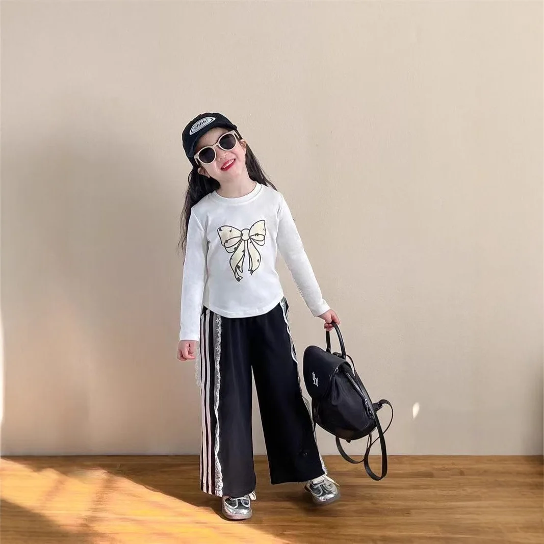 Girls' Bow Hoodie & Lace Pants 2-Piece Set - Fashionable Casual Outfit for Baby Toddler Kids Autumn Collection