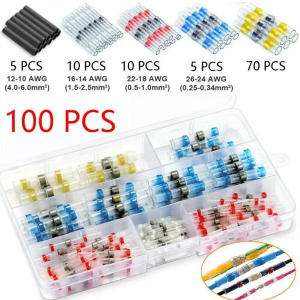 Kit Set Connection Terminal Shrinkable 100pcs 100x Connector Heat Sealed Sleeve Terminal Tinned Copper With Box