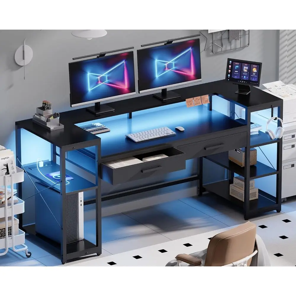 

58-дюймовый компьютерный стол с подставкой для монитора и полками Игровой стол со светодиодной подсветкой и розетками Туалетный столик для ПК с 2 ящиками