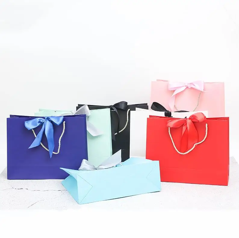 

100Pcs Colorful Paper Shopping Gift Bags With Golden Ribbon Handles For Boutique Shop Party Wedding Favor ni508