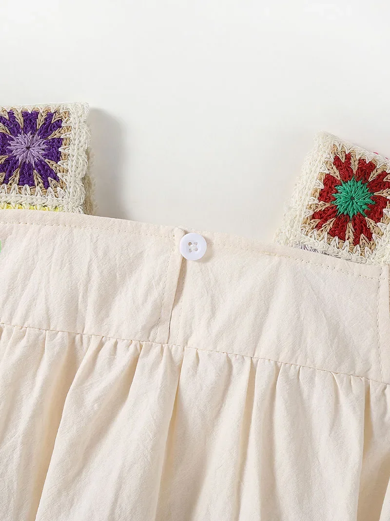 ملابس صيفية للفتيات الصغيرات بنمط عرقي 0-2 سنة منسوجة على شكل زهرة بدلة للأطفال الرضع بأكمام طائرة قطعة واحدة