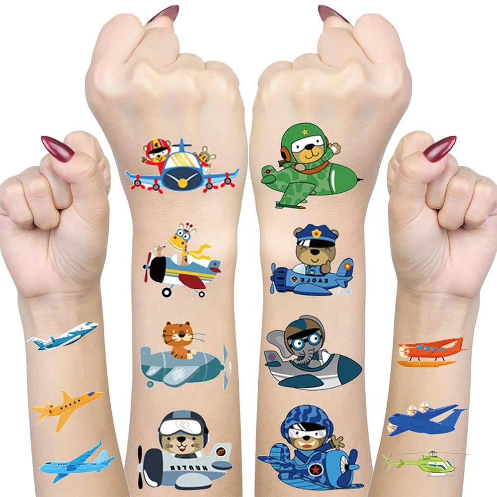 10Pcs/set Cartoon Airplane Temporary Tattoo Sticker Arm Hand Waterproof Fake Tattoo Kids Airplane Theme Party Decor Favor Supply