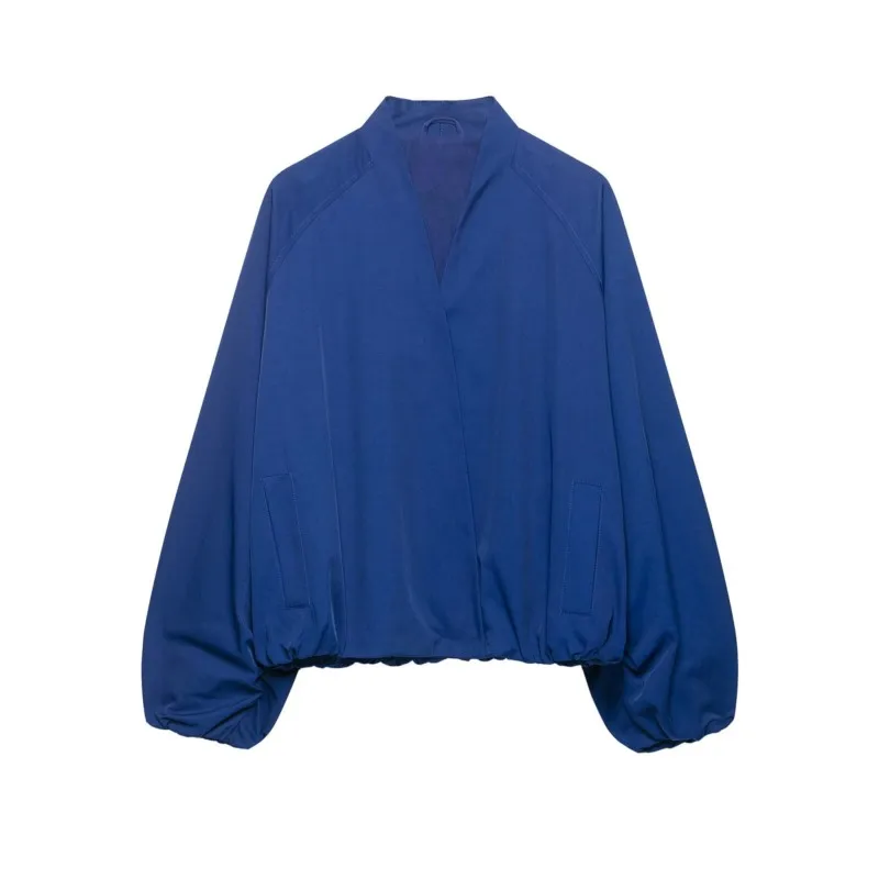 Women's Bomber Jacket New 2026 V-Neck Long Sleeve Elastic Hem Pocket Women's Winter Jackets Simple Female Coats