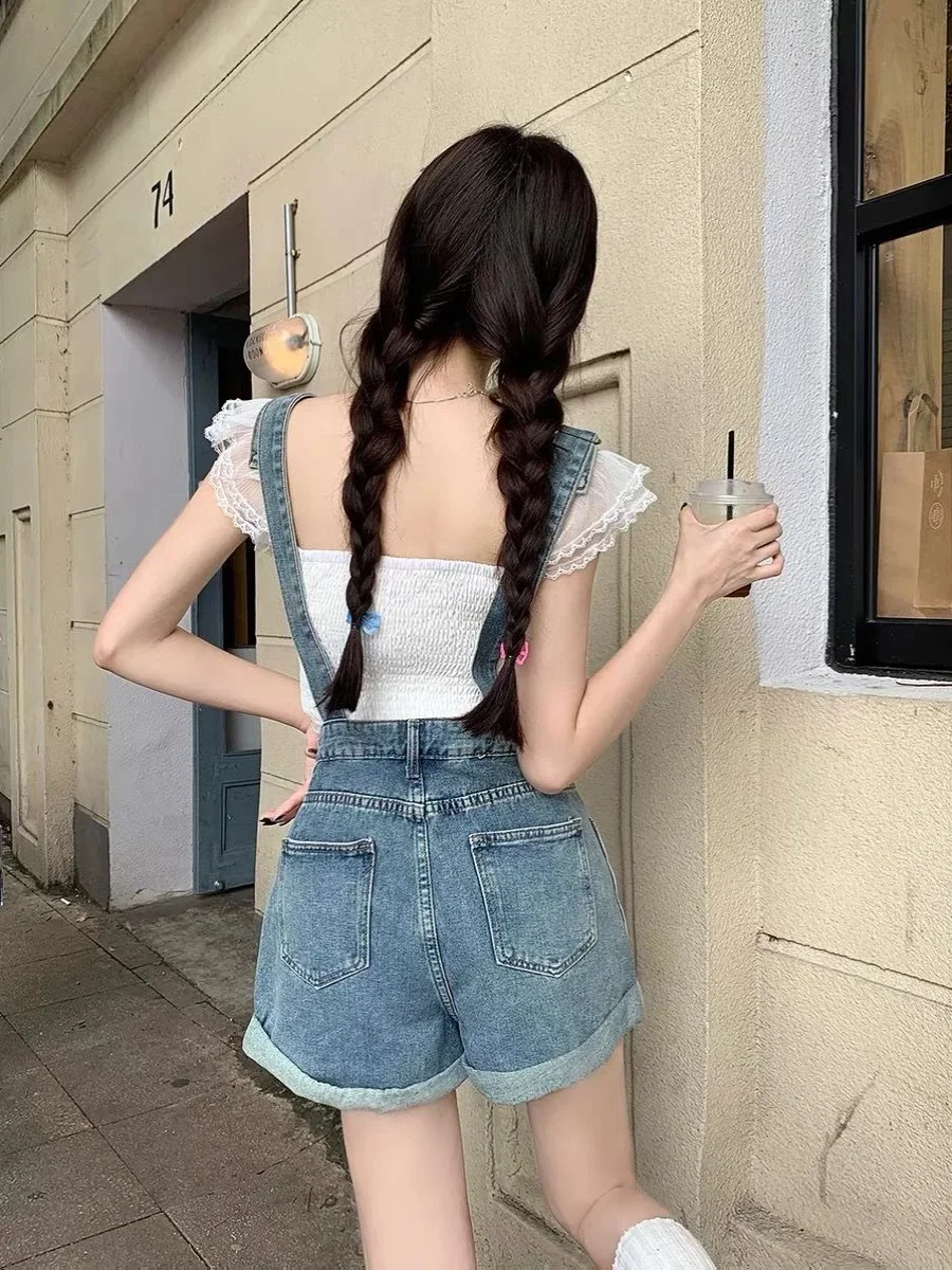 Rompers Women Rolled Single Breasted Summer Korean Style New High Waist Slim Straight Denim Playsuits Streetwear Fashion Chic