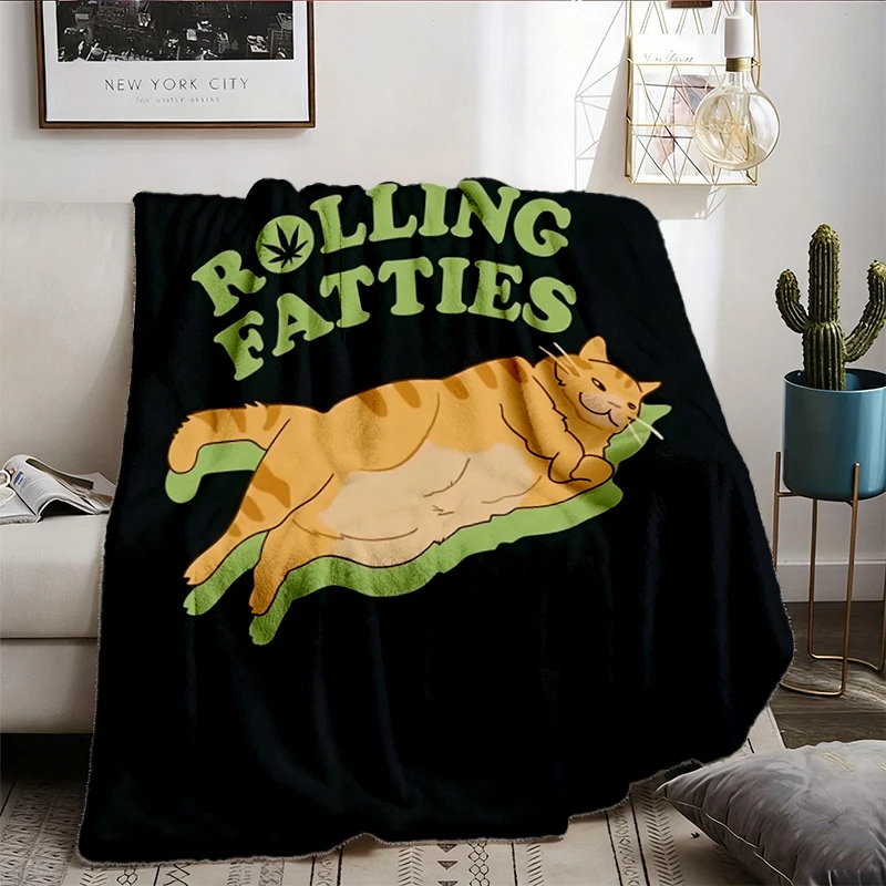 Rolling Fatties Funny Cat Cartoon Flannel Blanket Classic Outdoor Graphic Tshirts Vintage Ropa Hombre Flannel Throw
