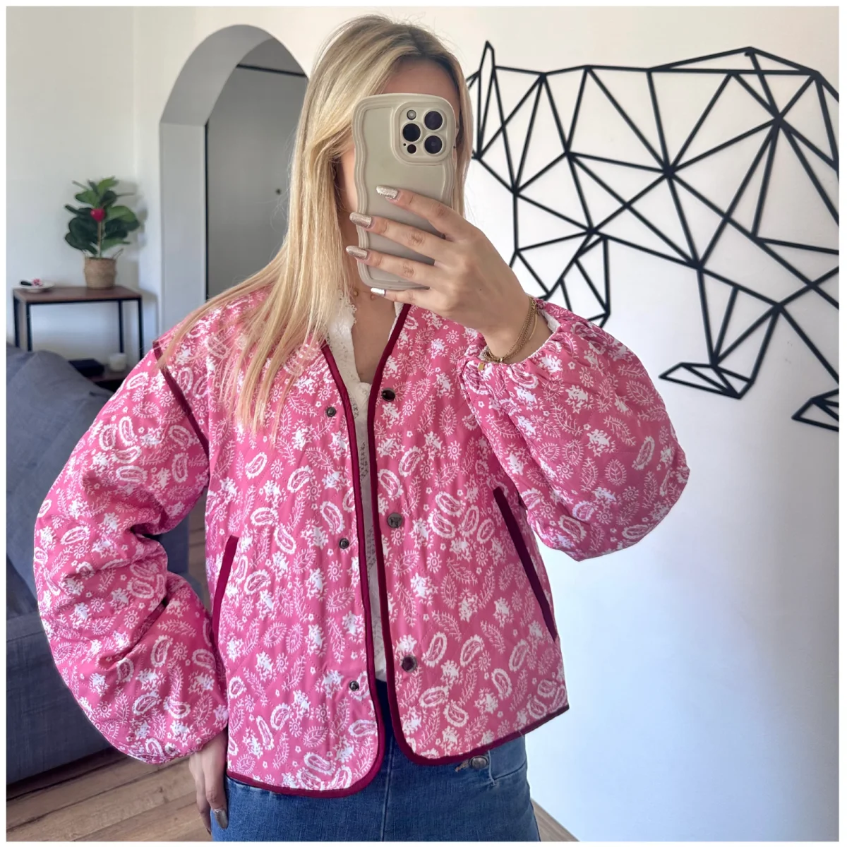 Loose Long Sleeve V-Neck Cotton Jacket Women's Fashion Commute Style Print Outerwear Casual Elegant Autumn Coat for Ladies