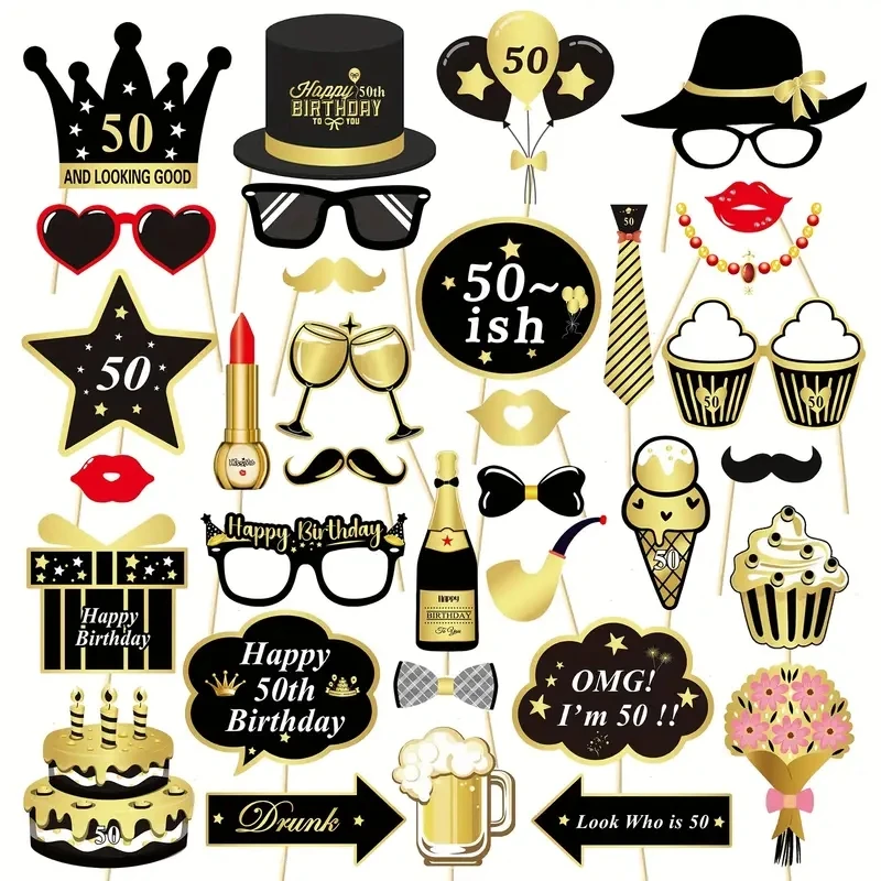 34pcs Black Gold Birthday Photo Props for 60th Birthday Boys and Girls Party Decoration Props