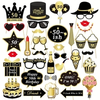 34pcs 50 year old black gold birthday photo props for boys and girls, party decoration props