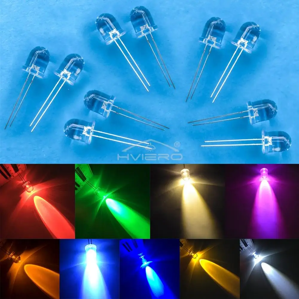 250Pcs 10mm Round Top Ultra Bright Emitting Diode LED White Red Green Blue Yellow UV Pink Orange Light Diodes Lamp Bulb Min Led