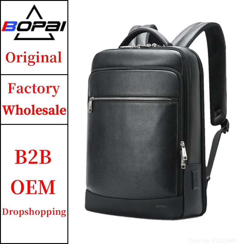 BOPAI Wholesale Custom Logo Men Office Commute Usb Charging Multifunction 15.6 Inch Laptop Leather Backpack Bag