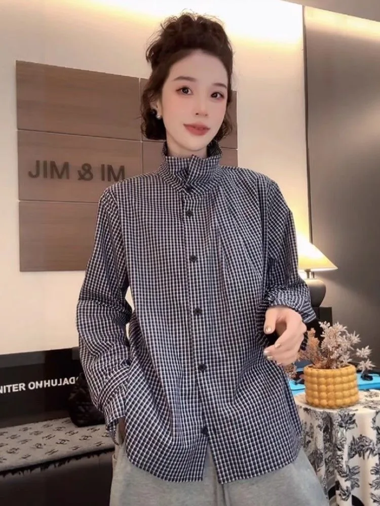 

Slimming Striped Shirt Women's Loose Fit Stand Collar Casual Style plus Size Commute Friendly Comfortable Long Sleeve Top