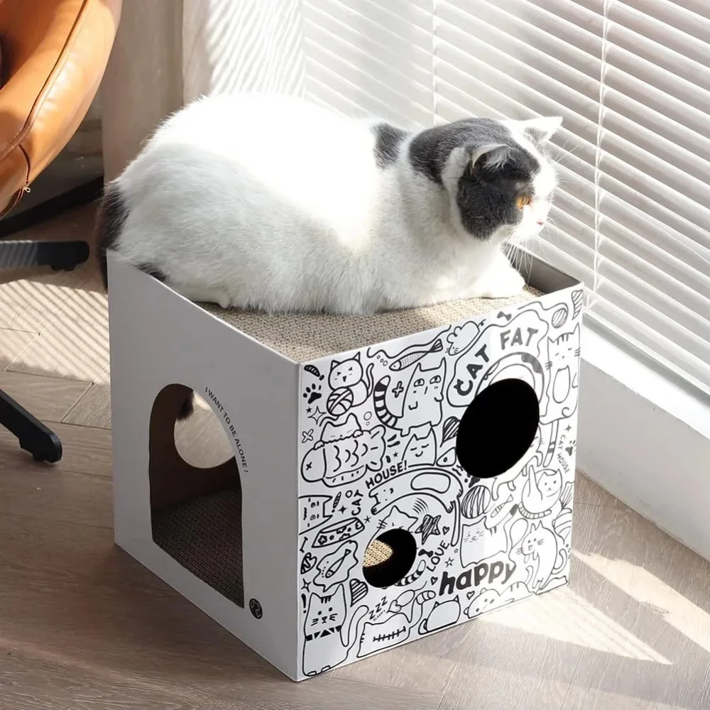 Cat House Scratcher Board Cardboard Double Layer Corrugated Paper Wear-resisting Cat Condo Folding Pets House with Scratch Pads