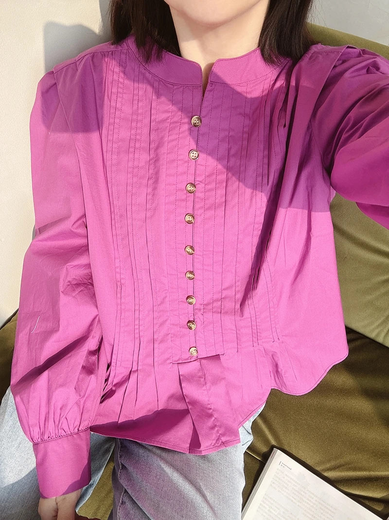 

Retro Feel Heavy Pleated round Ne Loose ort Cotton Long Sve irt Women's Casual Faion High Waist Illusion irt