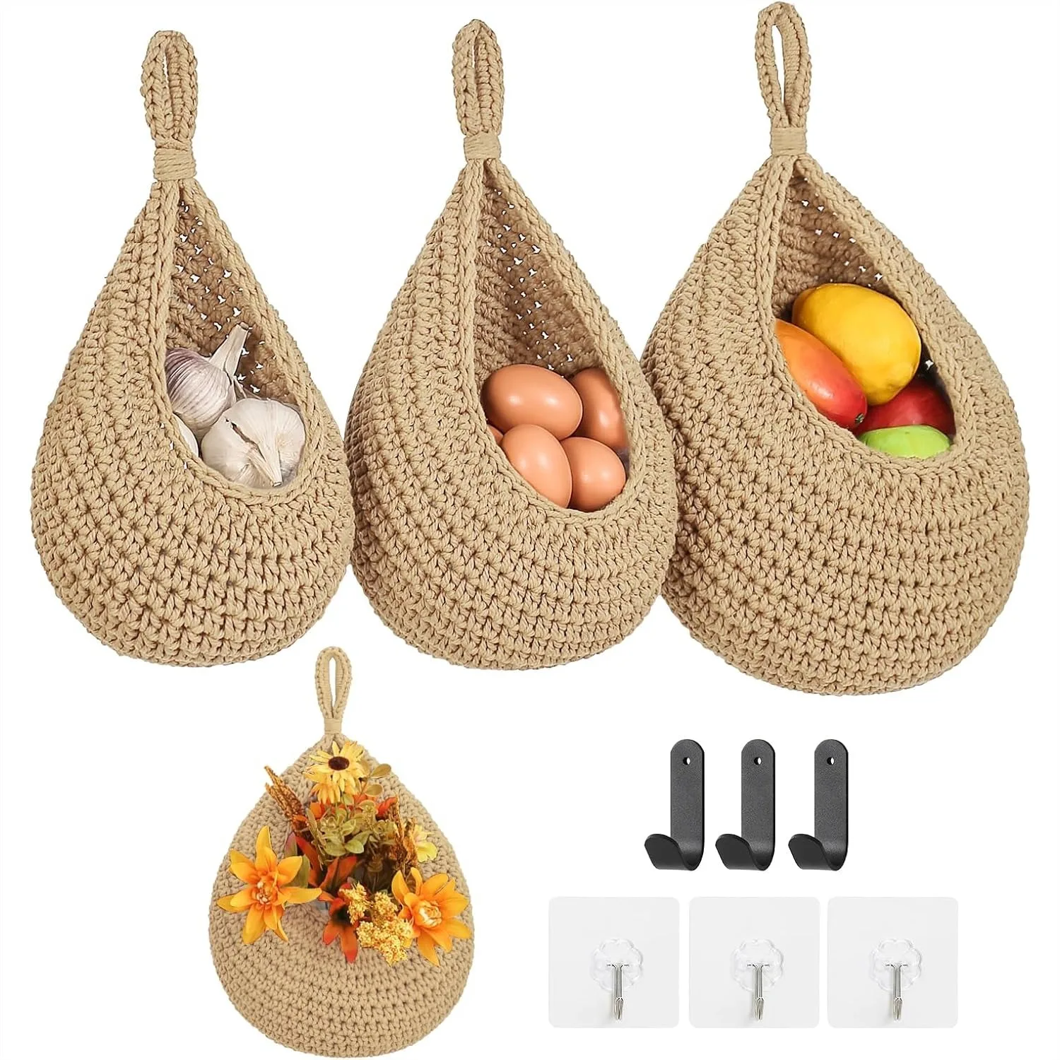 

Boho Wall Hanging Fruit Baskets for Kitchen 3 Pack Woven Produce Holder with Strong Hooks