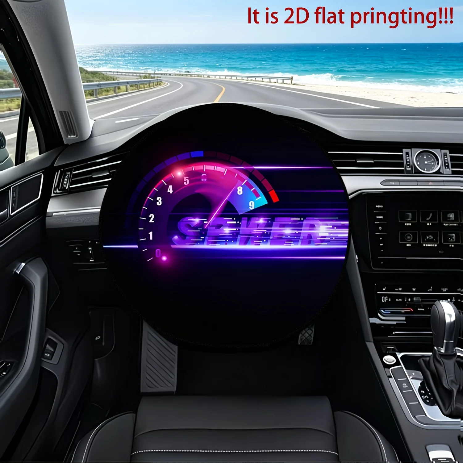 1pc Car Steering Wheel Cover, Neon Speedometer Purple Light Effect Gaming Interface Printed Design, Steering Wheel Sunshade, Hea