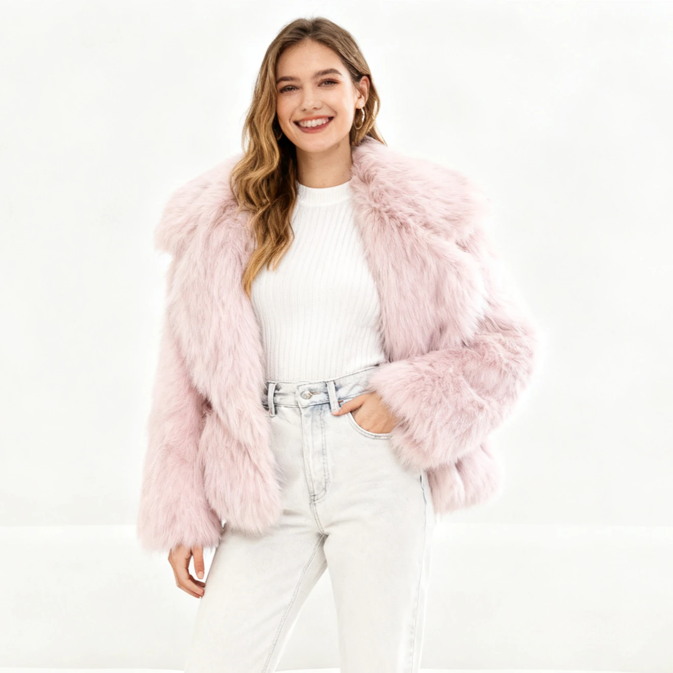 Faux Fur Short Coats Women Thick Warm Turn Down Collar Casual Pockets Jackets Cardigan Long Sleeve Streetwear Winter 2025