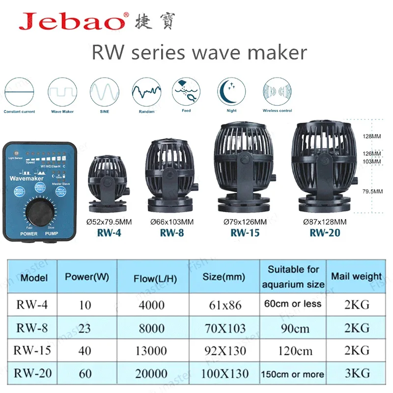 Jebao-Coral Cylinder Pump for Marine Aquarium, Wave Maker, RW-4, 10W, RW-8, 23W, RW-15, 40W, 23W, RW-20, 60W