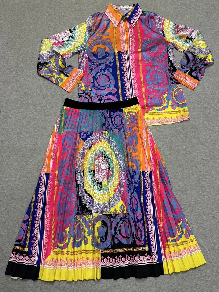 

Designer's retro geometric print lapel straight-leg shirt two-piece set for 2025 autumn women's wear + loose pleated skirt set