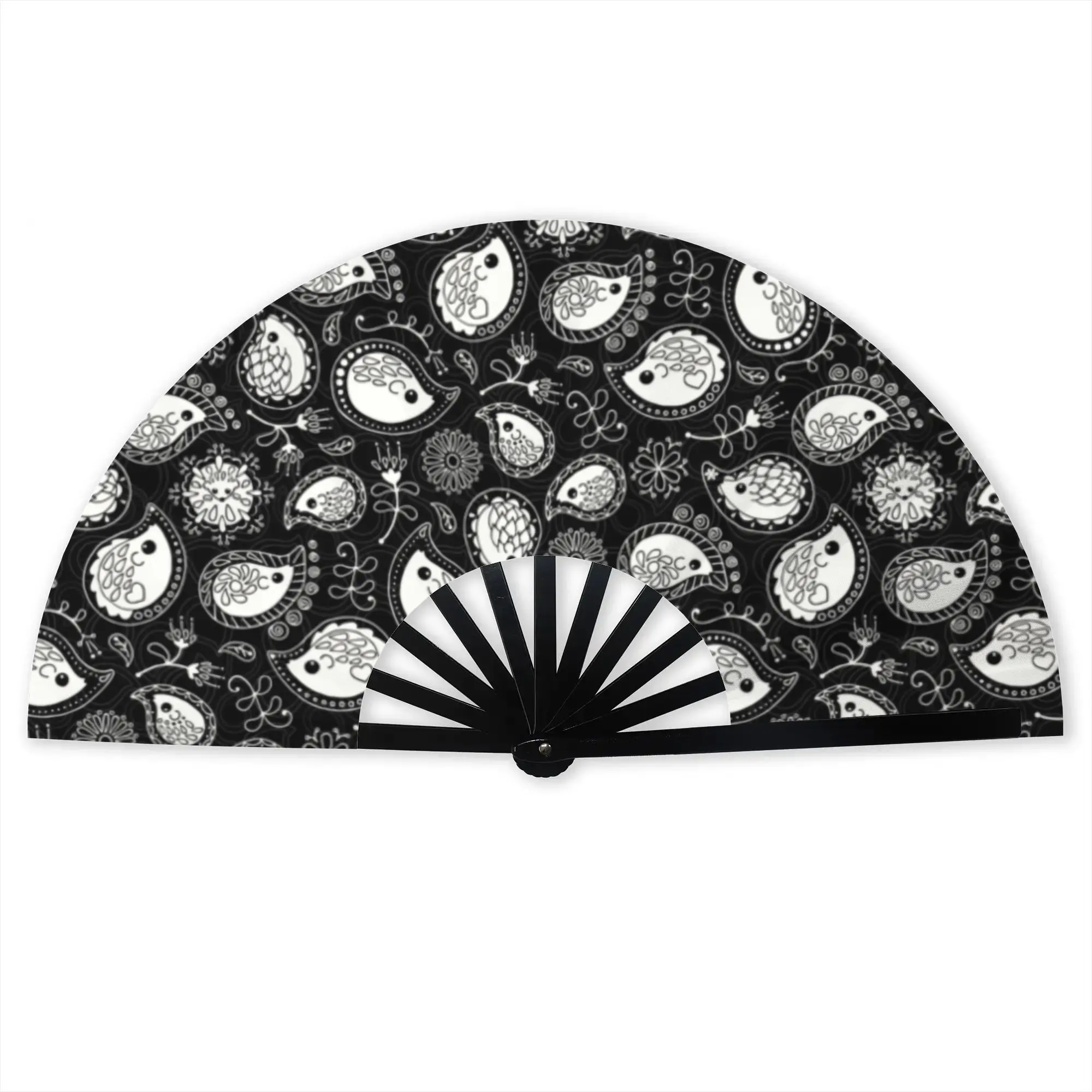 Hedgehog Paisley Stylish Hand Fan Unisex Hedgehogs Cashmere Black And White Printed Polyester Fan  Aesthetic For Dancing Gift