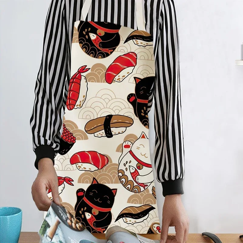 Cotton and Linen Apron Japanese Cartoon Lucky Cat Cooking Sleeveless Bib Waterproof Anti-greasy Kitchen Supplies Chef Apron