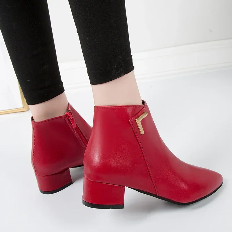 2026 New Style Fashion Women's Boots Casual Leather High Heels Spring Women's Shoes Pointed Toe Side Zipper Office High Heels 42 image 5