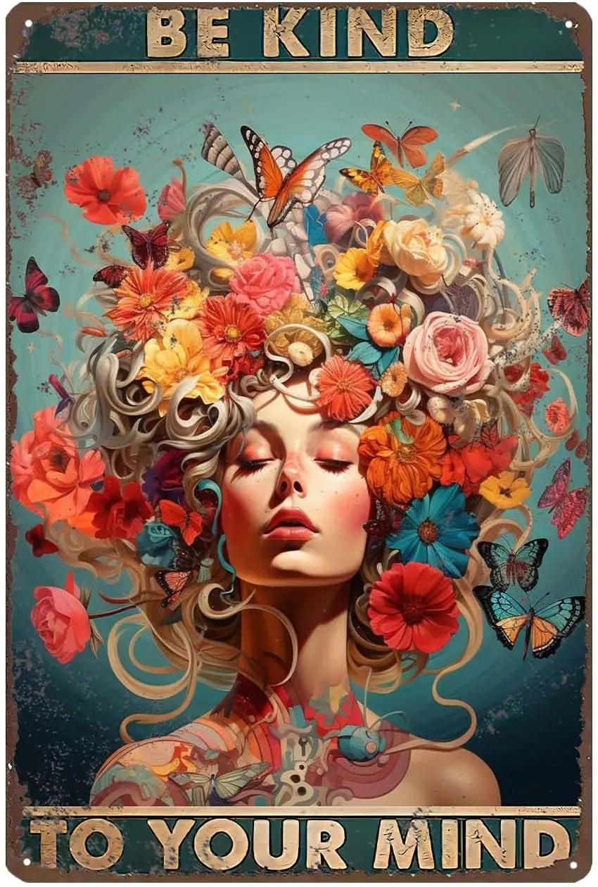 Vintage-Poster, Wandkunst mit Mental-Motiven – „Be Kind to Your Mind“ – Blumenmotive, Geschenk für Frauen, ästhetisches Blumen-Blechschild für das Zimmer