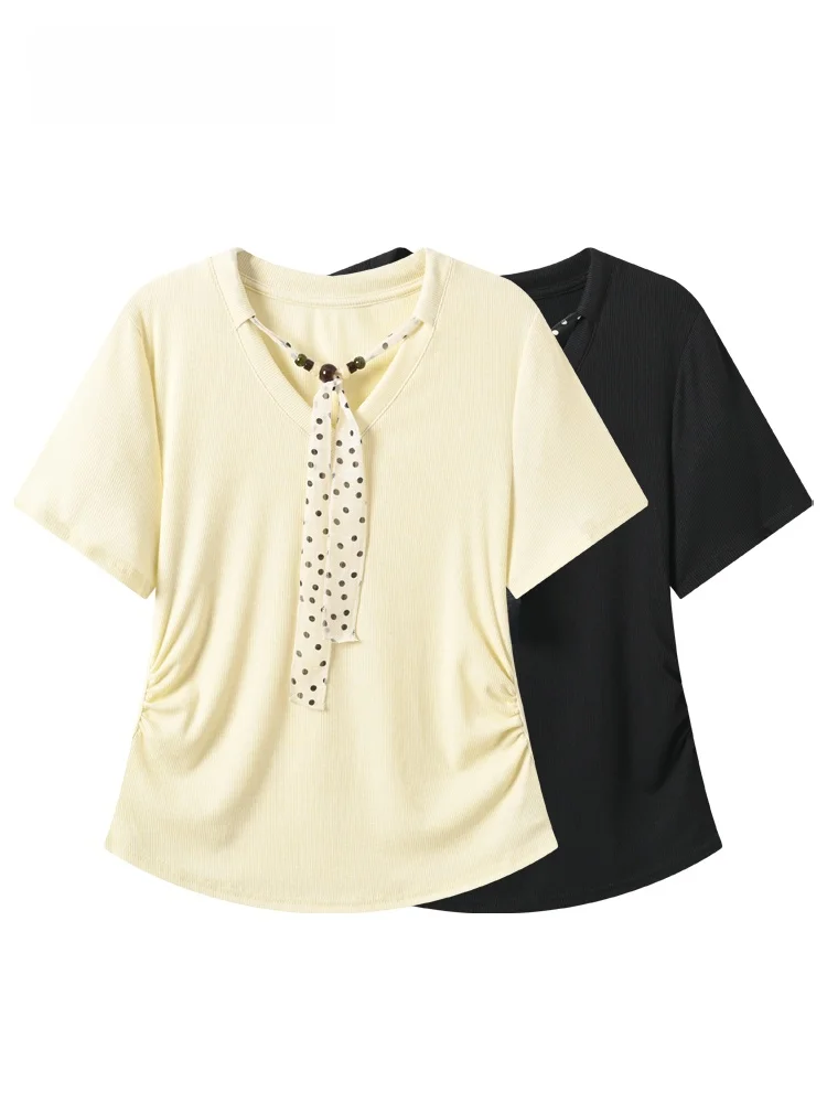 

CaraCLUB plus Size Casual V-Neck Short Sleeve T-Shirt Women's Summer New Style Korean Style Polyester Fiber Regular Length