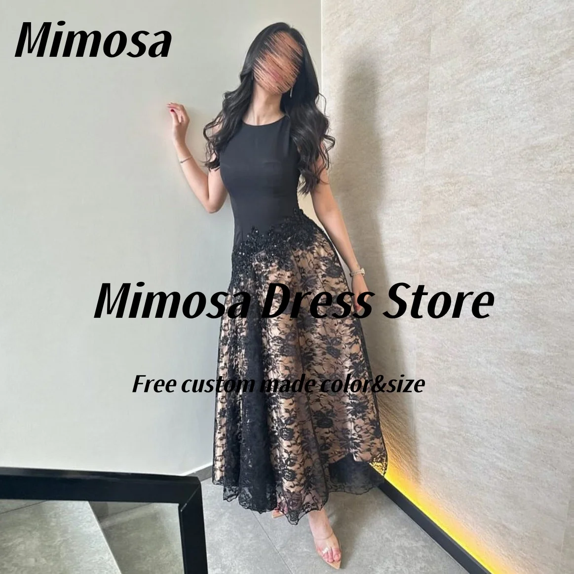 

Mimosa платья для выпускного вечера с круглым вырезом без рукавов с поясом из бисера коктейльное платье длиной до щиколотки кружево Саудовские женские вечерние платья по индивидуальному заказу