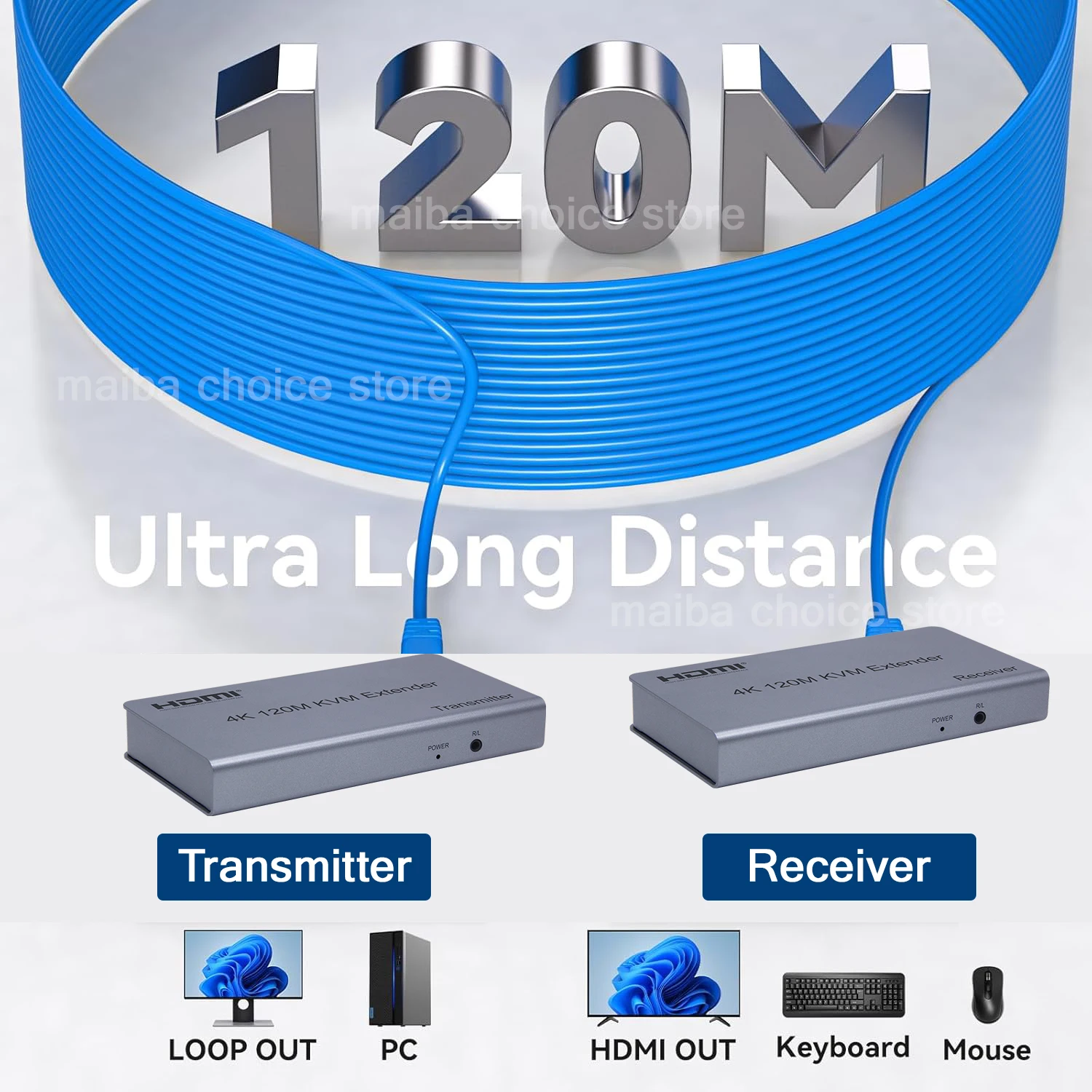 4K 30Hz HDMI KVM Extender 120M over RJ45 Cat5e/6 Cable HDMI KVM USB Ethernet Video Extender with Loop-out Support Mouse Keyboard