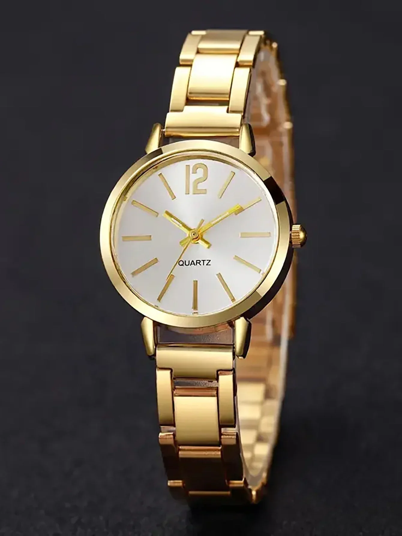 Women 4Pcs Rhinestone Jewelry Set Round Dial Quartz Watch Alloy Strap Necklace Earrings Ring Gold Ornaments