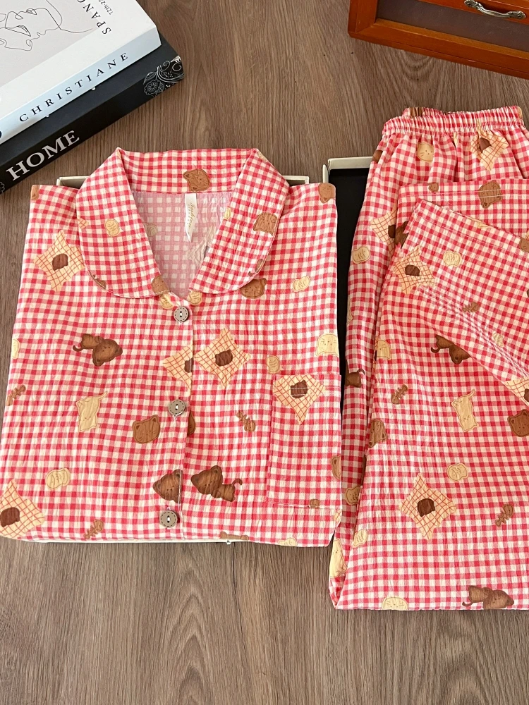 

Cute Plaid Sleepwear Women's Spring Autumn Long Sleeve Long Pants Korean Style Sweet Student Home Clothes Set