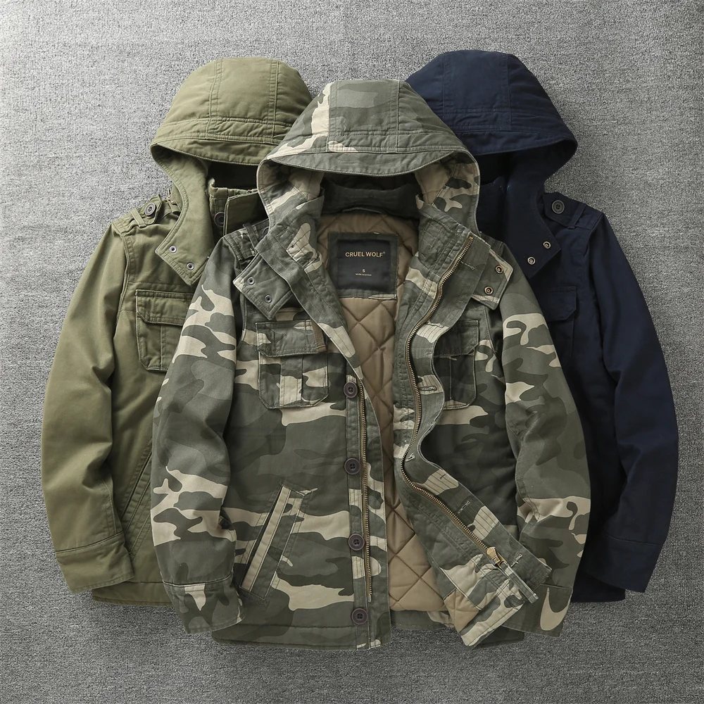 Winter thickened camouflage cotton clothing multi-pocket hooded camouflage coat men's medium-length coat coat outdoor military