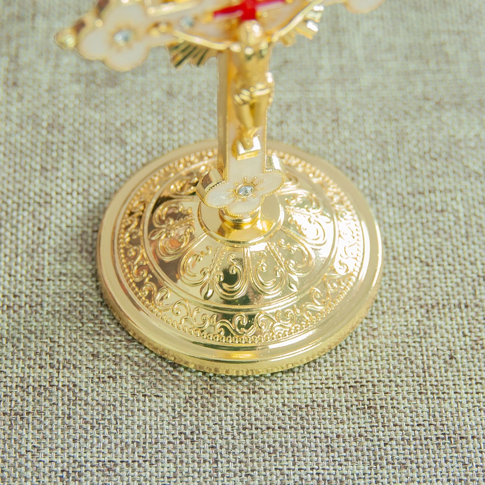 HTISOK Orthodox Church Cross Zinc Alloy Gold Plated Jesus Crucifix Cross Christian Decor With Base Religious Craft Gift With Box