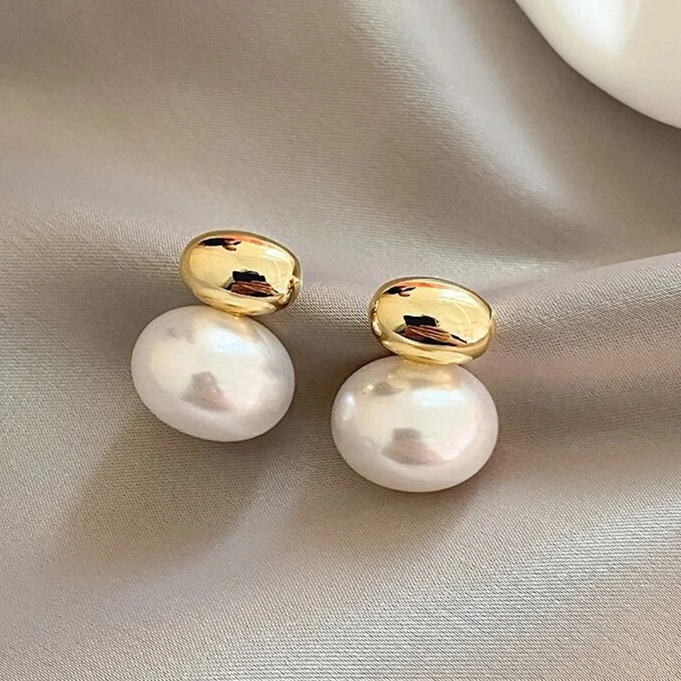 Yupsk French Gold Color Bean Spliced Flat Pearl Earring for Women Korean Fashion Smooth Pearl Ear Accessories Gift For New Year