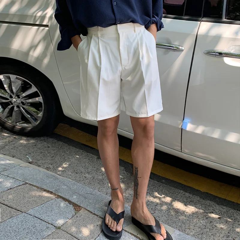 Summer Korean Style Fashion Men's Straight Elastic Waist Solid Color White Grey Simple Basic Casual Knee Length Suit Trousers