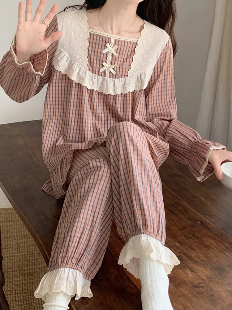 Autumn Sleepwear Women Pajama Sets Square Collar Lace Bow Full Sleeve Pullover Pants Vintage Suit Sweety Princess Two-piece Set