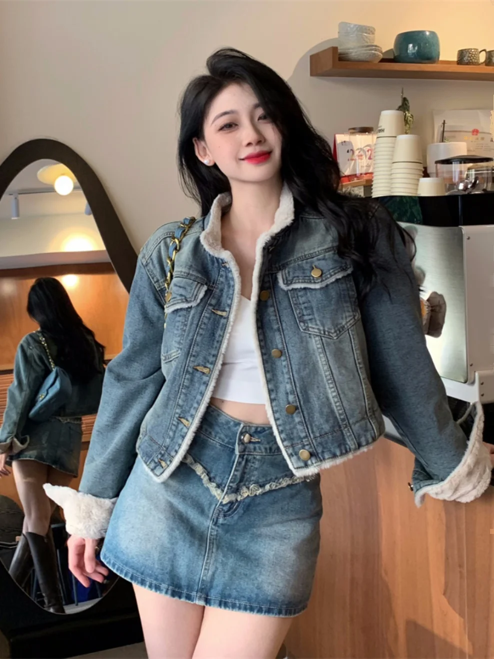 

Denim Coat Long Patch Fur Plush Womens Fall Fleece-Lined Adjustable Quilted Outwears Urban Social Gathering Checked Jackets Ins