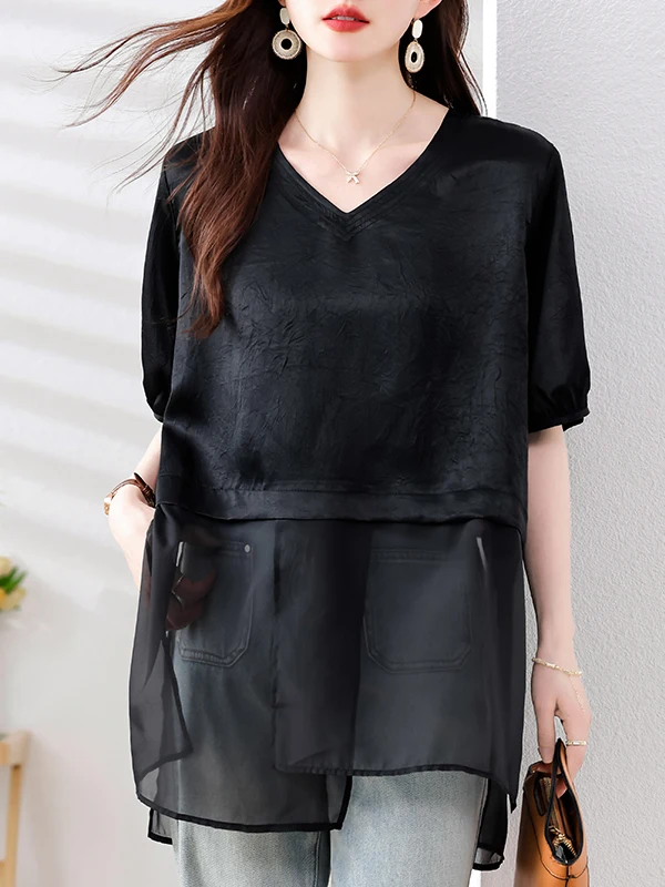 Loose Fit Acetate Short Sleeve Women's T-shirt Brand Tag Removed Mid-Length Splice Design Summer Fashionable Versatile plus S...