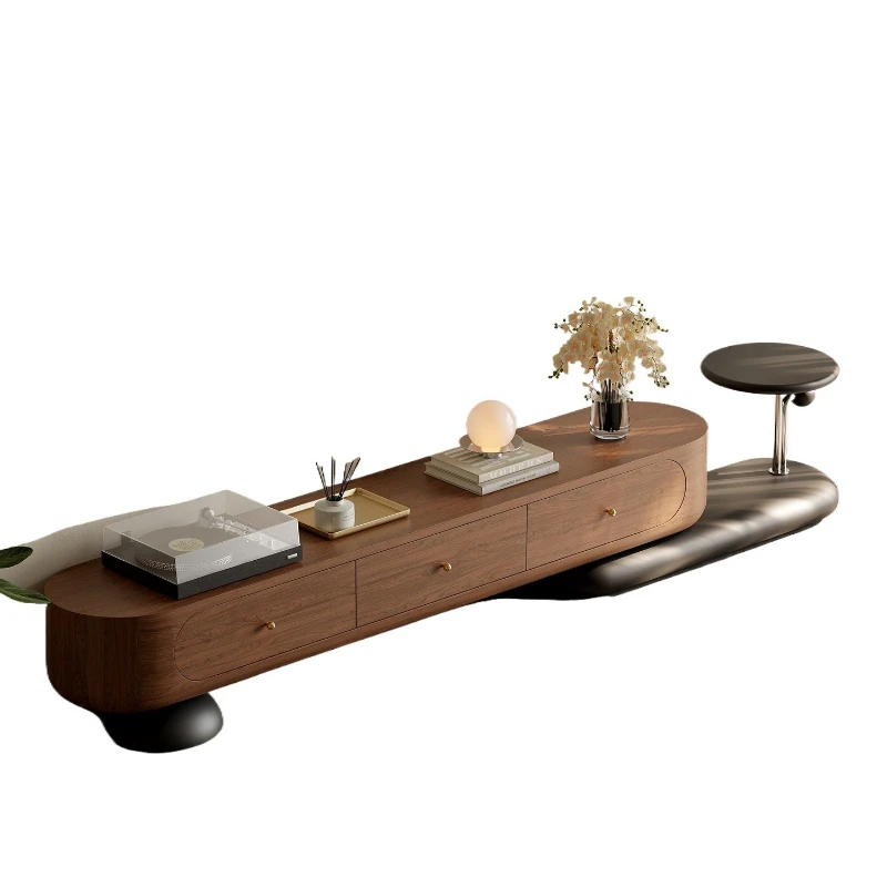 

Walnut retractable TV cabinet small apartment light luxury TV cabinet living room home