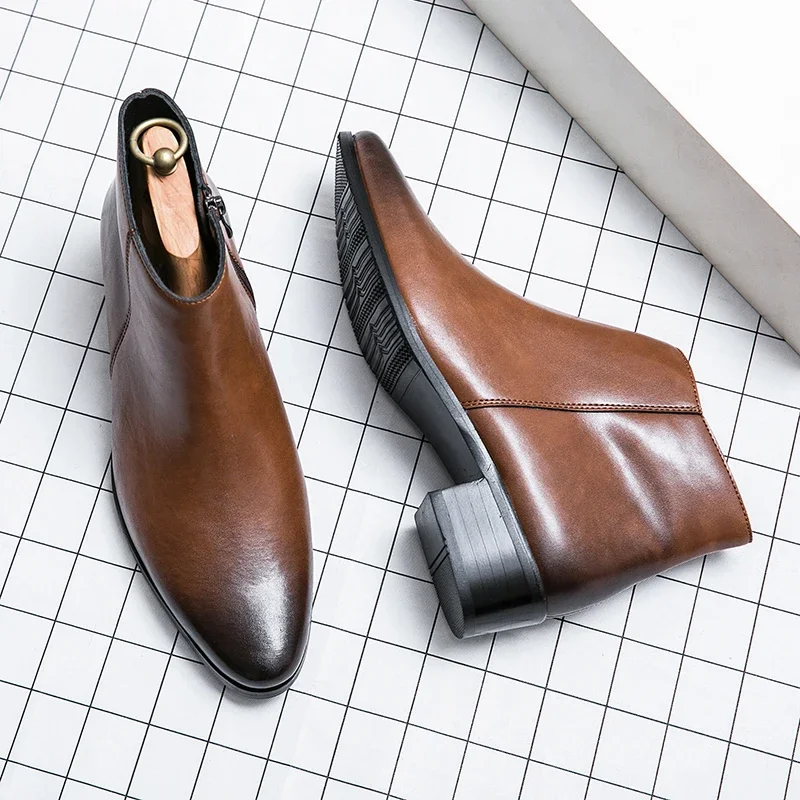 Klassische schwarze Leder-Stiefeletten für Herren und Damen im britischen Stil, Chelsea-Stiefel mit spitzer Zehenpartie, bequeme High-Top-Schuhe – Detail 3