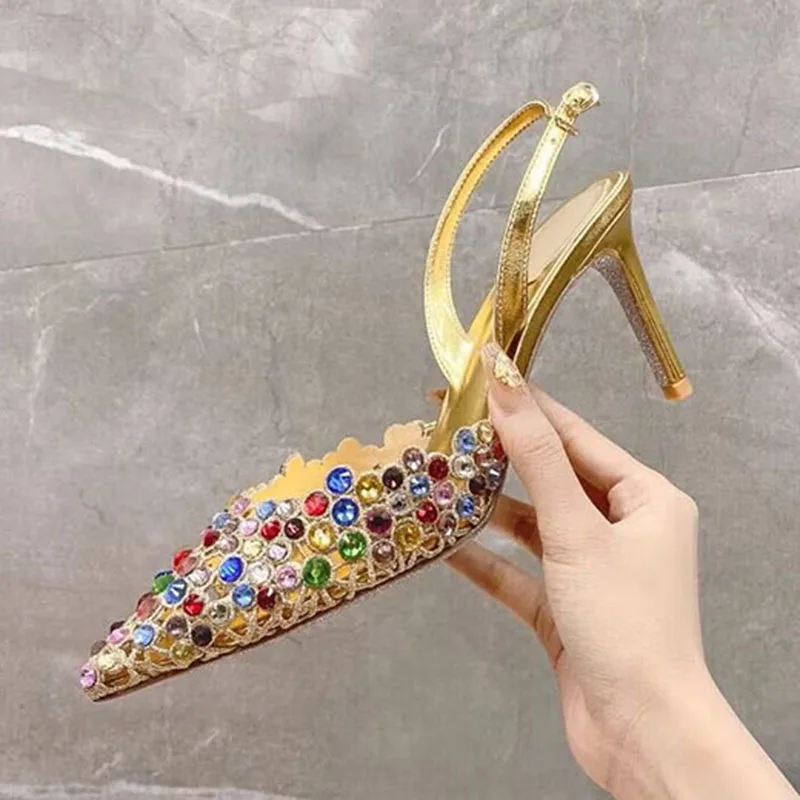 Summer Bling Crystal Pumps Thin High Heels Women Pointed Toe Slingback Sandals Back Strap Stiletto Sandalias Party Banquet Shoes