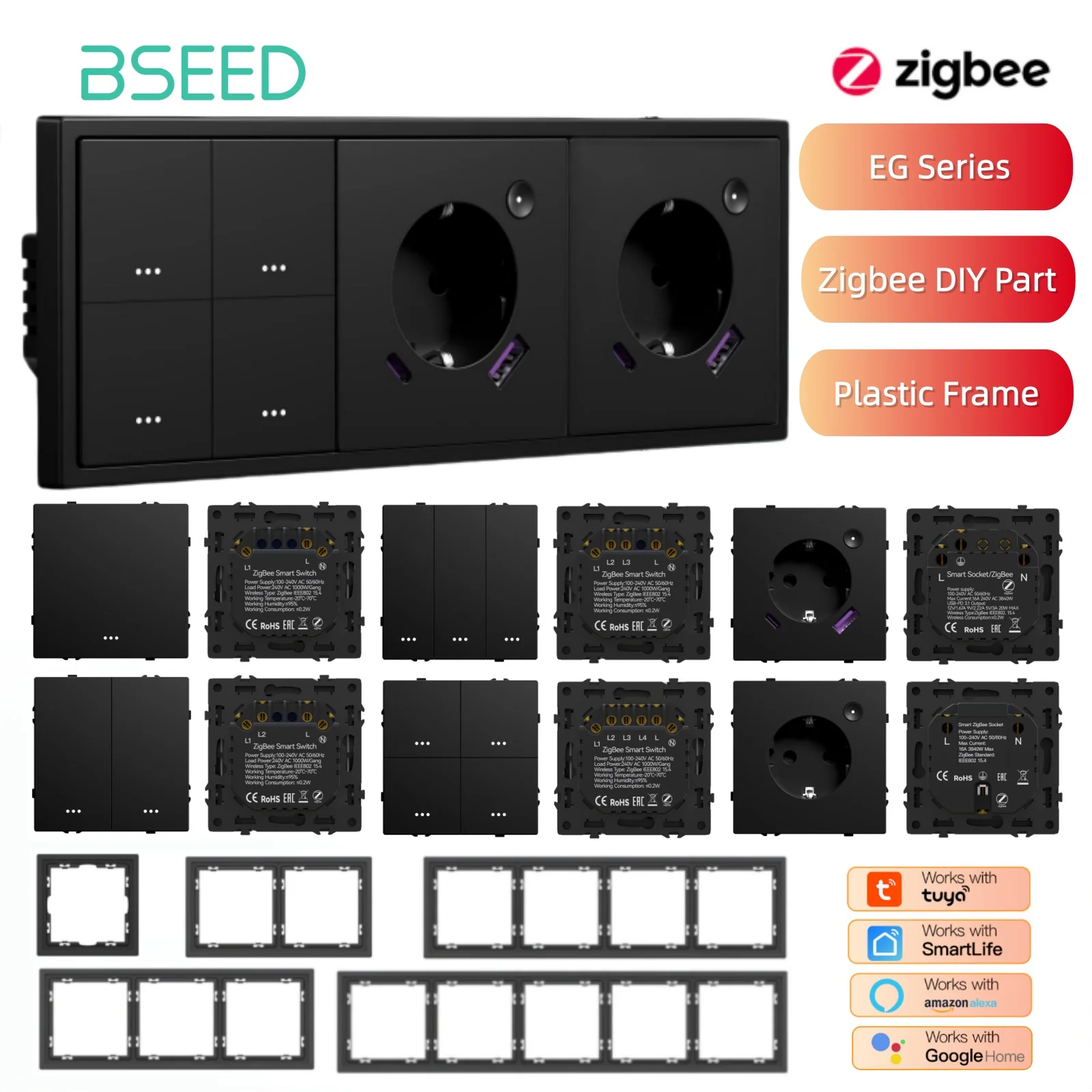 BSEED Zigbee Tastenschalter 1/2/3/4-fach Schaltmodul Smart Lichtschalter DIY-Teil Kunststoffrahmen Smart Steckdose Teil Tuya Smart Life
