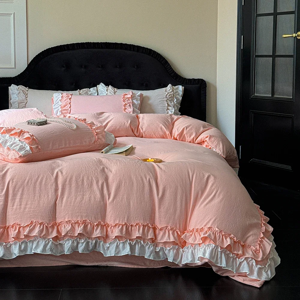 New Cute Princess Style Bedding Set 2-layered Ruffles Super Soft Duvet Cover Set Single Double Bed Quilt Cover and Pillowcases