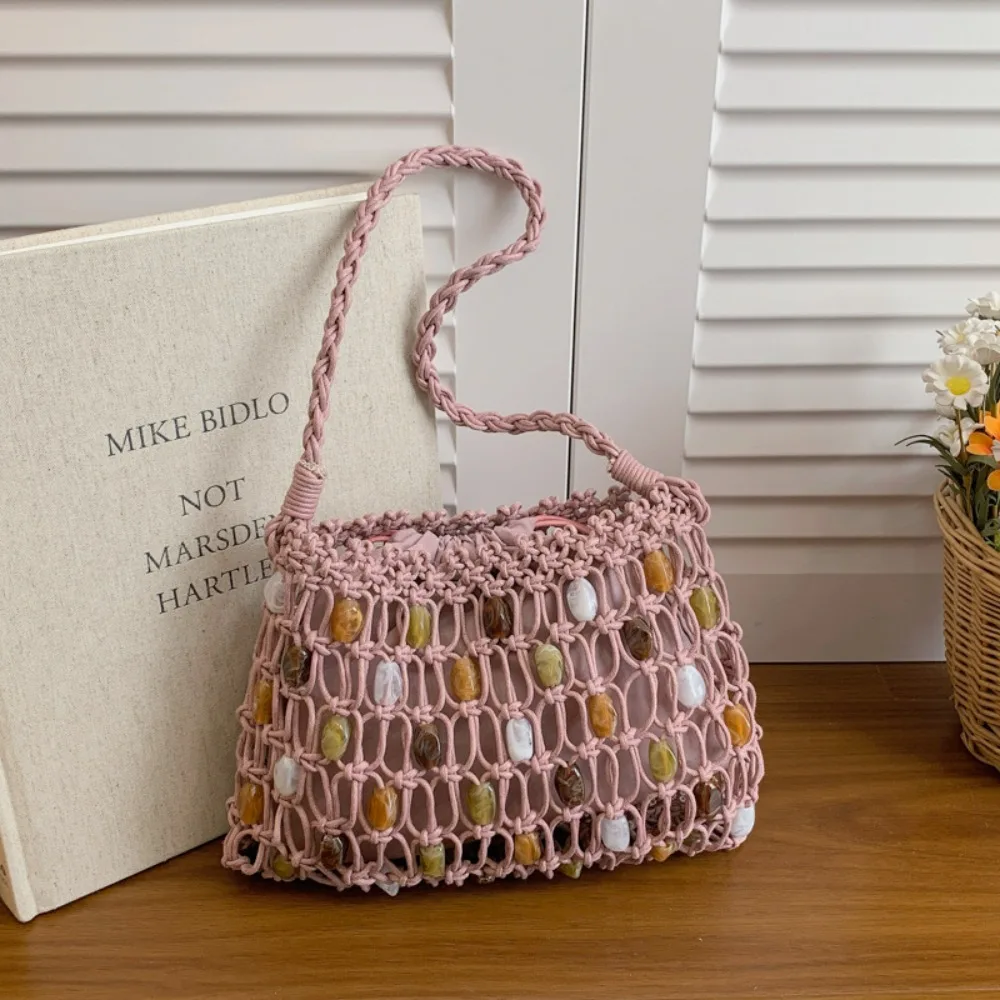 

Сумка-сетка в корейском стиле, расшитая бисером, из вощеной веревки, ручной работы, ажурная, на плечо, сумка-тоут, в отпускном стиле, вязаная крючком, для улицы