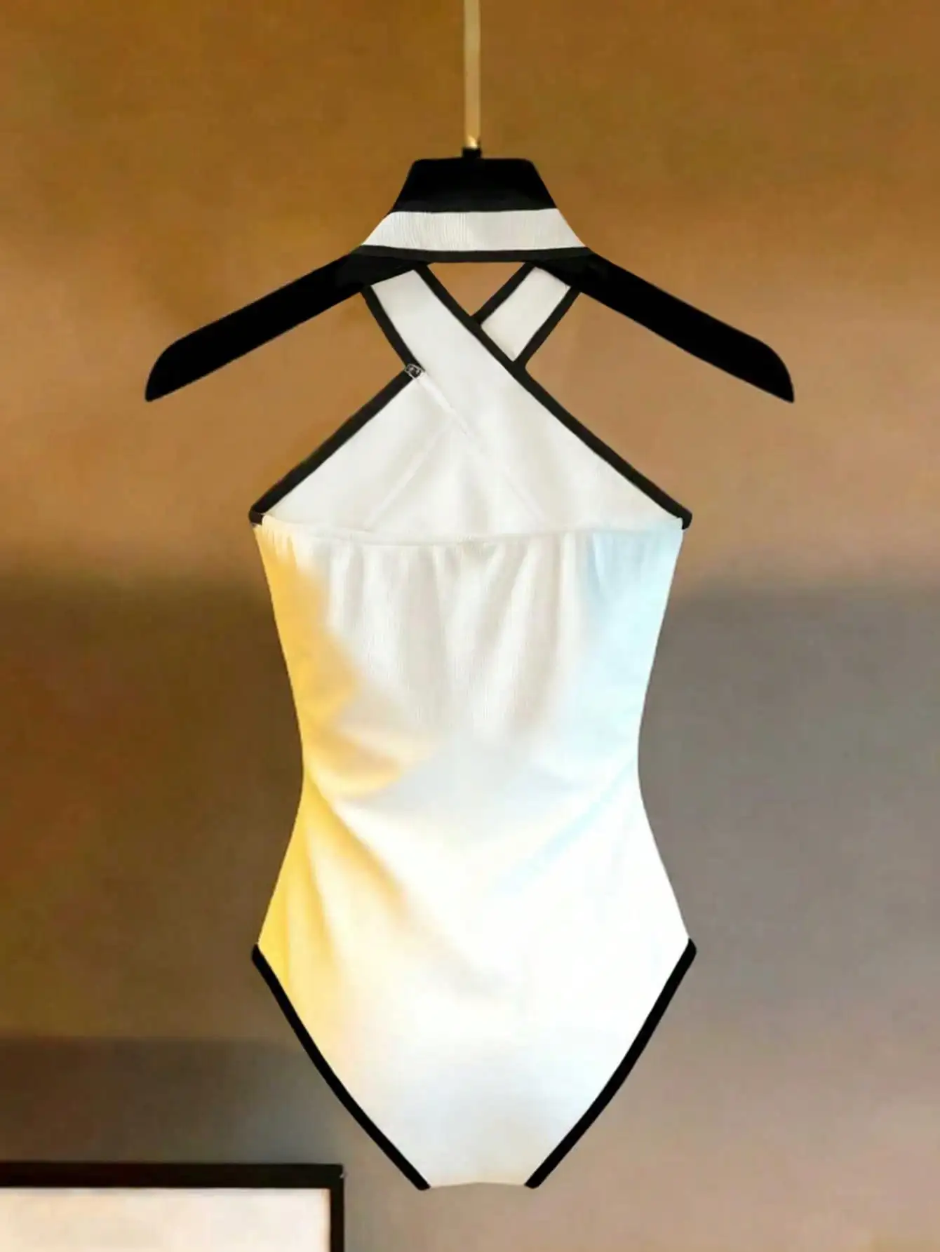 New Women's Halter Cross Contrast Trim Bodysuit, Minimalist, Versatile Sexy Inner, Stretch Fabric, For Beach & Sunbathing