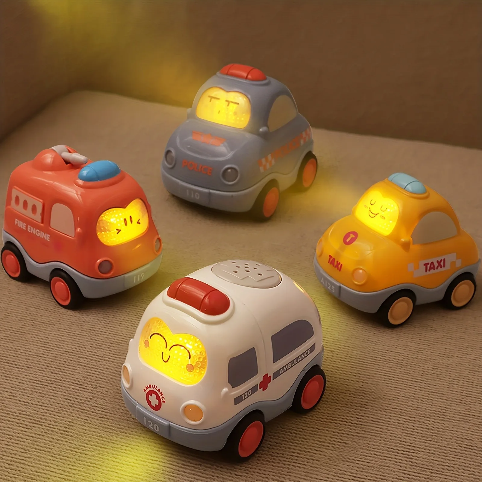 Pull Back Vehicle Toy Toddlers Cars with Lights & Sound, Police Car, Ambulance, Fire Truck, Taxi Birthday Party Gifts Toy